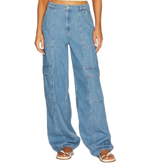 Jonathan Simkhai Calista Denim Cargo Pants Vatia Blue Cotton High Rise Calista - Picture 3 of 7